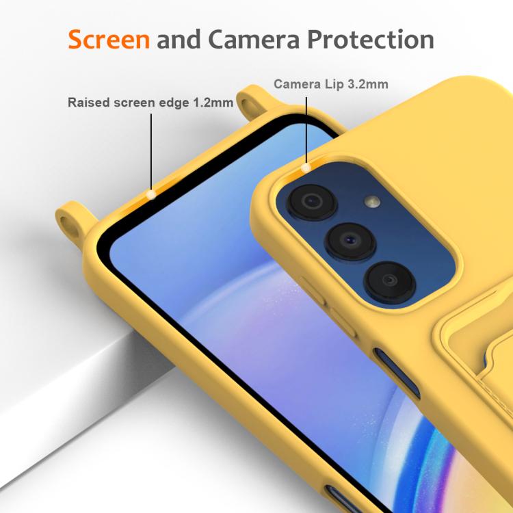 Funda de silicona líquida de color sólido con cordón para Samsung Galaxy A54 5G, con tarjetero integrado (amarilla)
