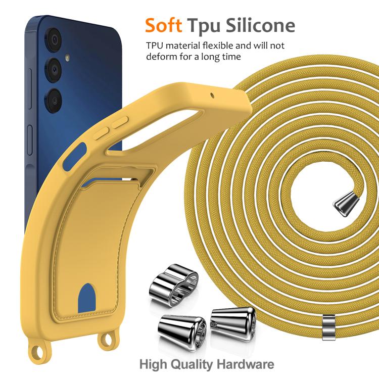 Funda de silicona líquida de color sólido con cordón para Samsung Galaxy A54 5G, con tarjetero integrado (amarilla)