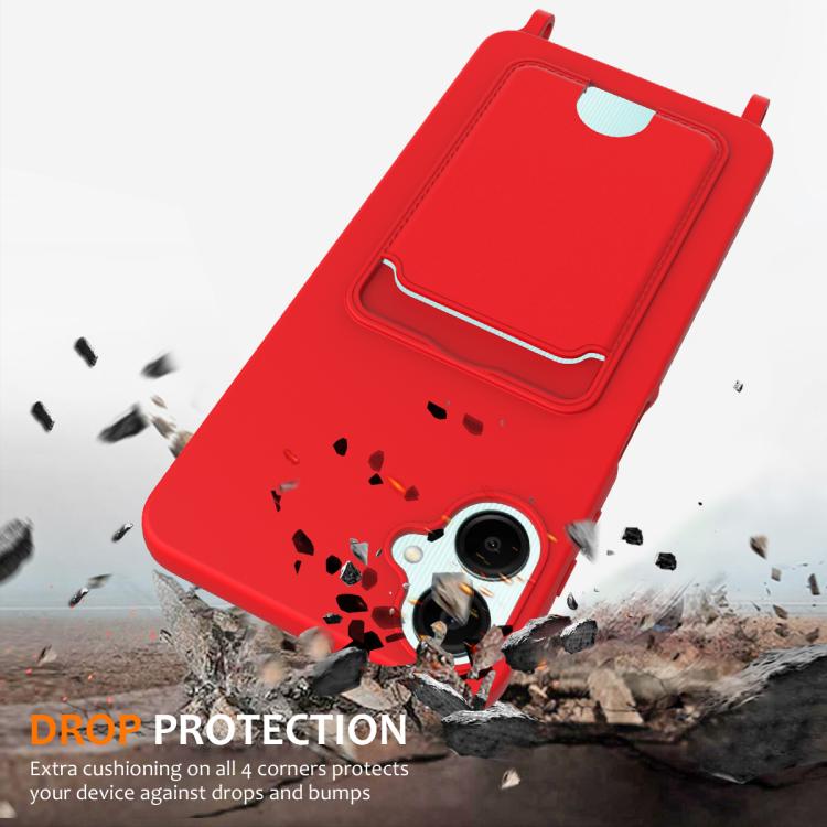 Funda de silicona líquida con cordón para Samsung Galaxy A06 5G, color sólido, con tarjetero integrado (rojo)