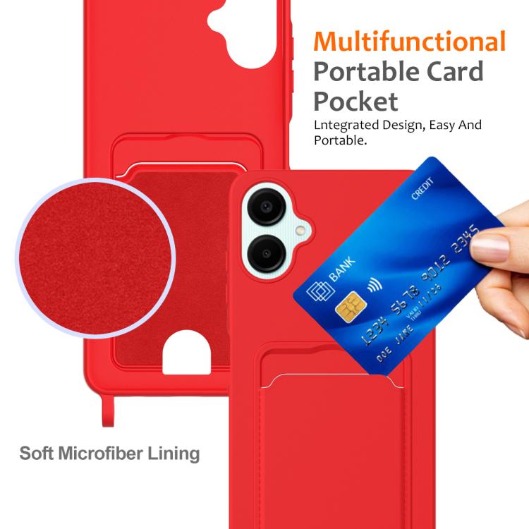 Funda de silicona líquida con cordón para Samsung Galaxy A06 5G, color sólido, con tarjetero integrado (rojo)
