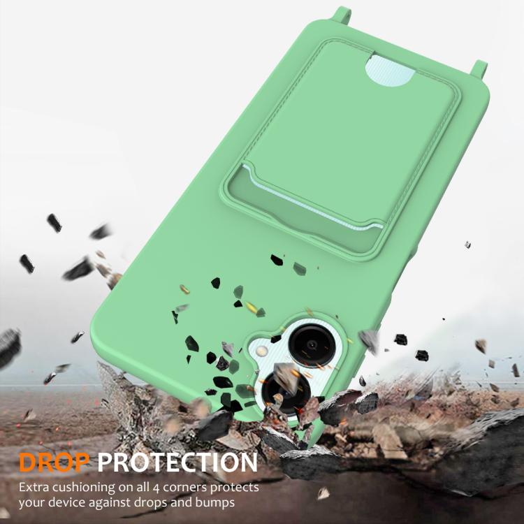 Funda de silicona líquida con cordón para Samsung Galaxy A06 5G, color sólido, con tarjetero integrado (verde)