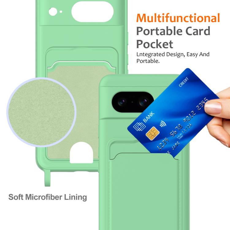 Funda de silicona líquida con cordón para Samsung Galaxy A06 5G, color sólido, con tarjetero integrado (verde)
