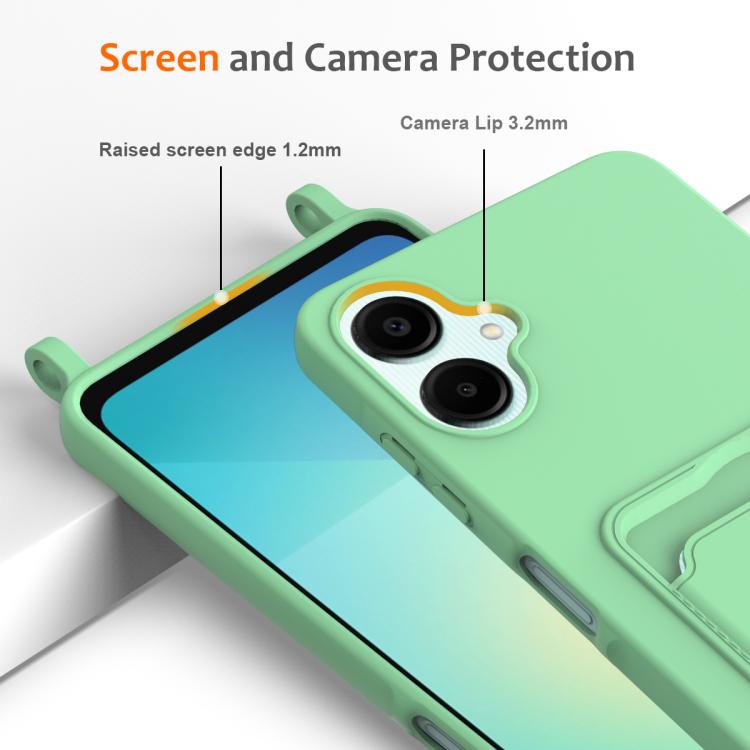 Funda de silicona líquida con cordón para Samsung Galaxy A06 5G, color sólido, con tarjetero integrado (verde)