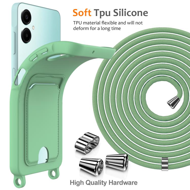Funda de silicona líquida con cordón para Samsung Galaxy A06 5G, color sólido, con tarjetero integrado (verde)