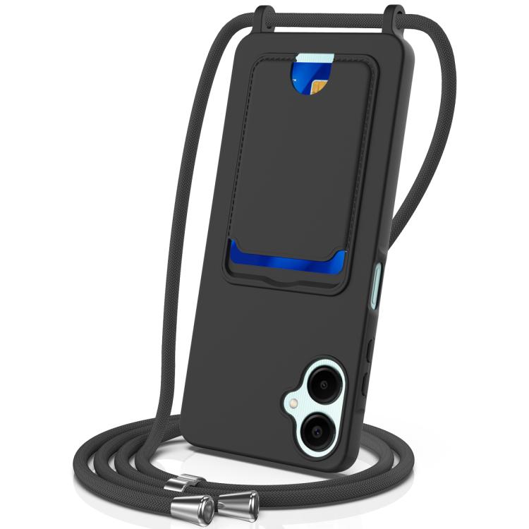 Funda de silicona líquida con cordón para Samsung Galaxy A06 5G, color sólido, con tarjetero integrado (negro)