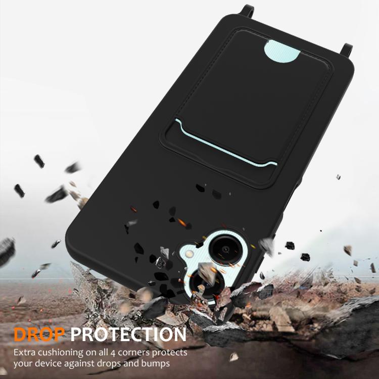 Funda de silicona líquida con cordón para Samsung Galaxy A06 5G, color sólido, con tarjetero integrado (negro)