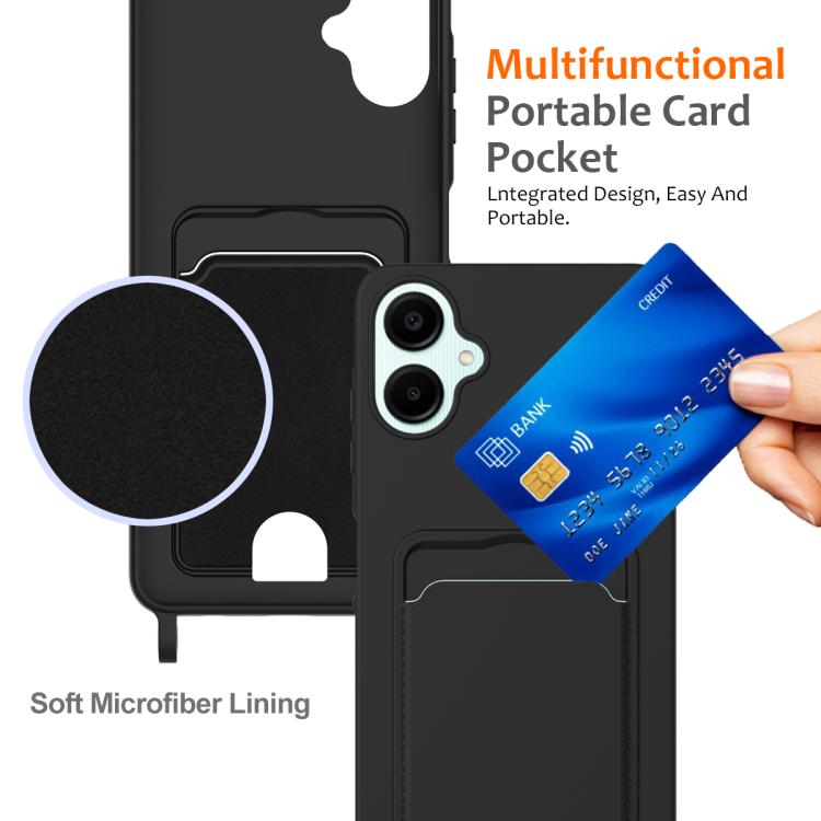 Funda de silicona líquida con cordón para Samsung Galaxy A06 5G, color sólido, con tarjetero integrado (negro)