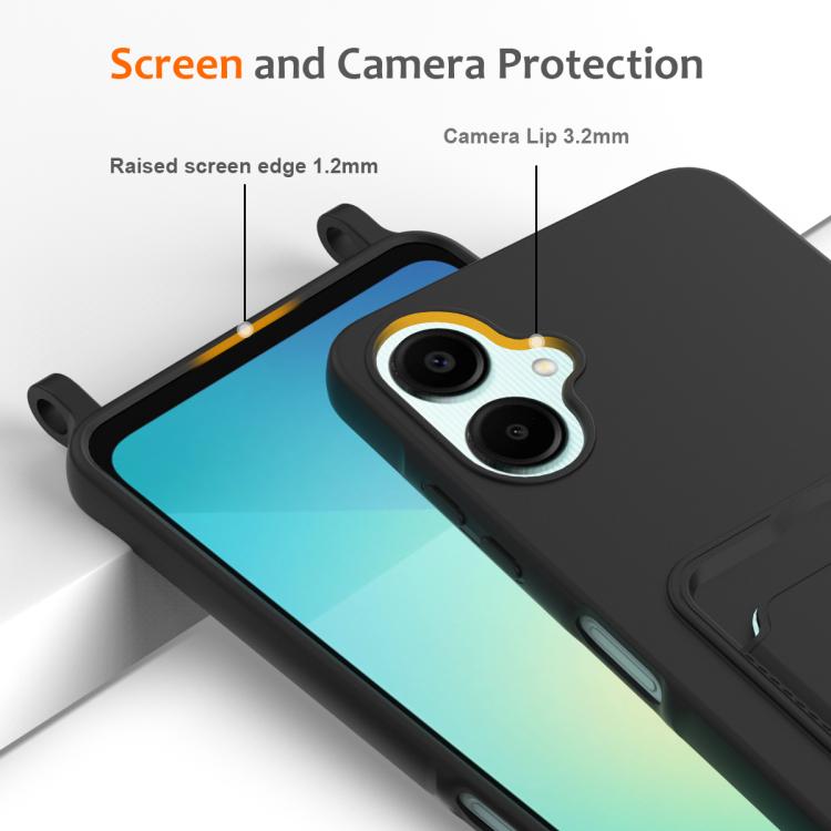 Funda de silicona líquida con cordón para Samsung Galaxy A06 5G, color sólido, con tarjetero integrado (negro)