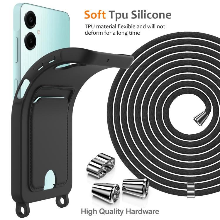 Funda de silicona líquida con cordón para Samsung Galaxy A06 5G, color sólido, con tarjetero integrado (negro)