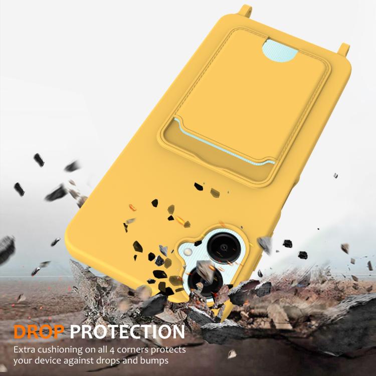 Funda de silicona líquida con cordón para Samsung Galaxy A06 5G, color sólido, con tarjetero integrado (amarilla)