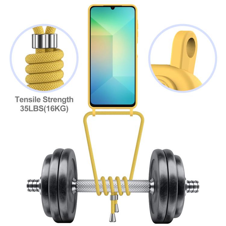 Funda de silicona líquida con cordón para Samsung Galaxy A06 5G, color sólido, con tarjetero integrado (amarilla)