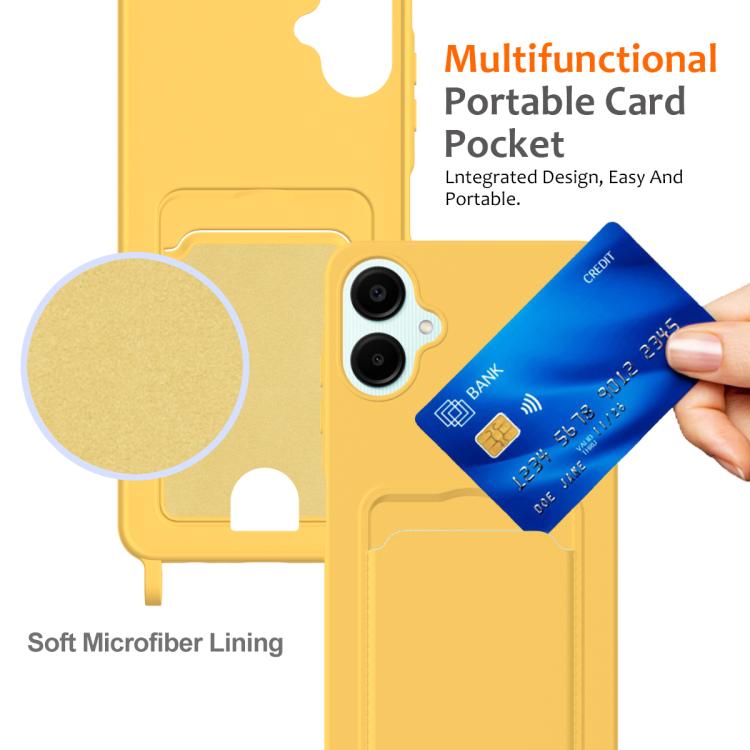 Funda de silicona líquida con cordón para Samsung Galaxy A06 5G, color sólido, con tarjetero integrado (amarilla)
