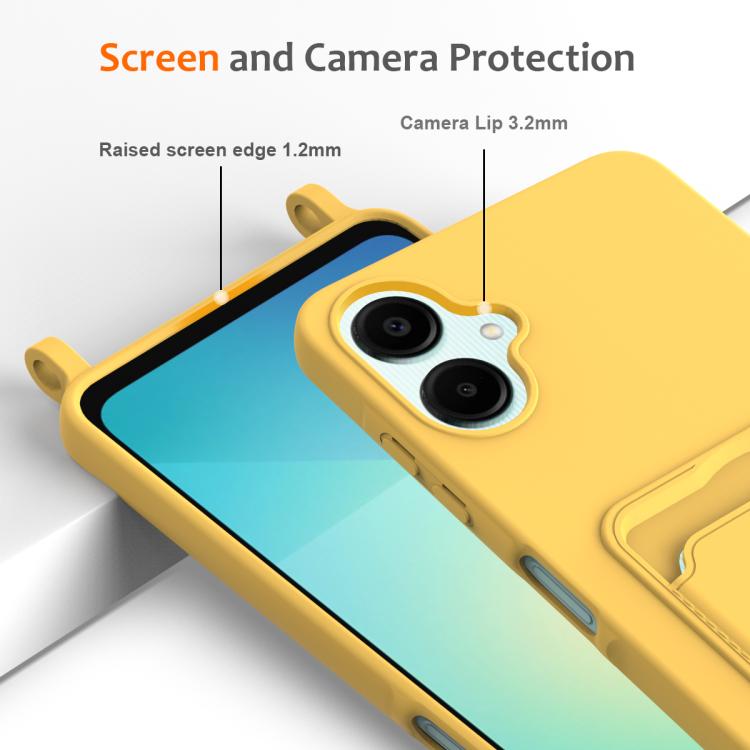 Funda de silicona líquida con cordón para Samsung Galaxy A06 5G, color sólido, con tarjetero integrado (amarilla)