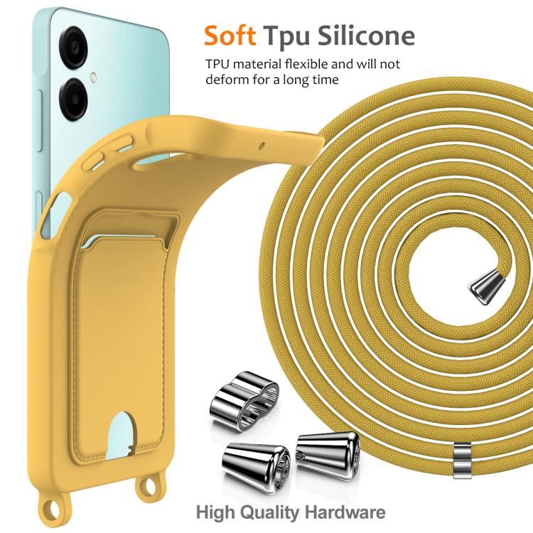 Funda de silicona líquida con cordón para Samsung Galaxy A06 5G, color sólido, con tarjetero integrado (amarilla)