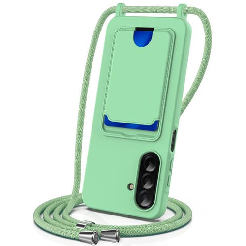 Funda de silicona líquida con cordón para Samsung Galaxy A17 5G, color sólido, con tarjetero integrado (verde)