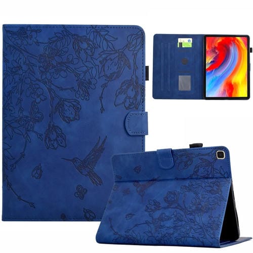 Funda de Cuero Inteligente Samsung Galaxy Tab S6 Lite P610 con Estampado de Flores y Pájaros (Azul Oscuro)