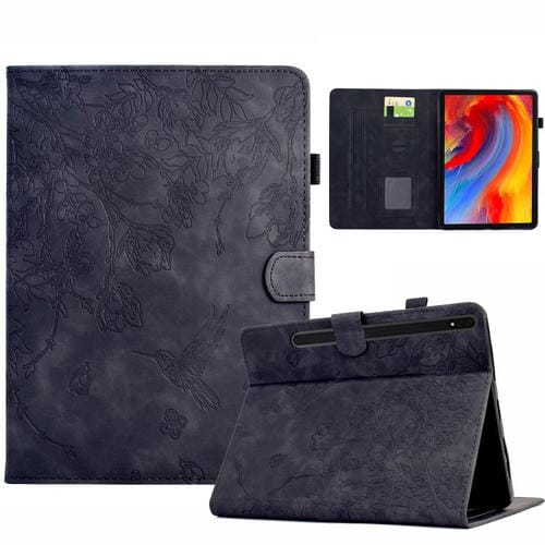 Funda de cuero inteligente con estampado de flores y pájaros para Samsung Galaxy Tab S10 FE+ (negra)