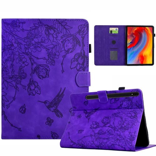 Funda de cuero inteligente con estampado de flores y pájaros para Samsung Galaxy Tab S10 FE+ (morado)