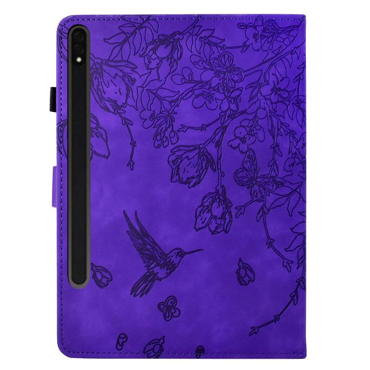 Funda de cuero inteligente con estampado de flores y pájaros para Samsung Galaxy Tab S10 FE+ (morado)