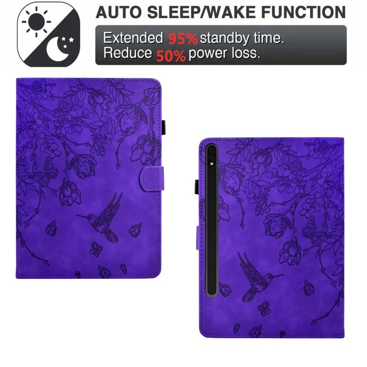 Funda de cuero inteligente con estampado de flores y pájaros para Samsung Galaxy Tab S10 FE+ (morado)