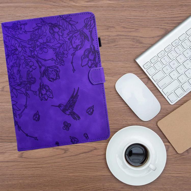 Funda de cuero inteligente con estampado de flores y pájaros para Samsung Galaxy Tab S10 FE+ (morado)