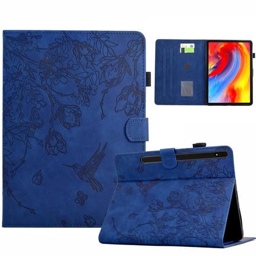 Funda de cuero inteligente con estampado de flores y pájaros para Samsung Galaxy Tab S10 FE+ (azul oscuro)
