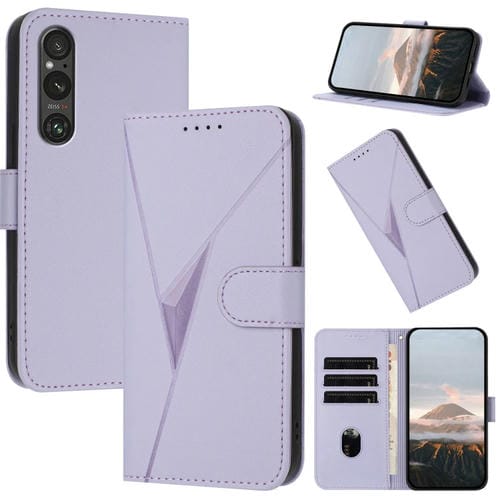 Funda de Cuero con Hebilla y Diseño de Triángulos para Sony Xperia 1 V (Morado Claro)