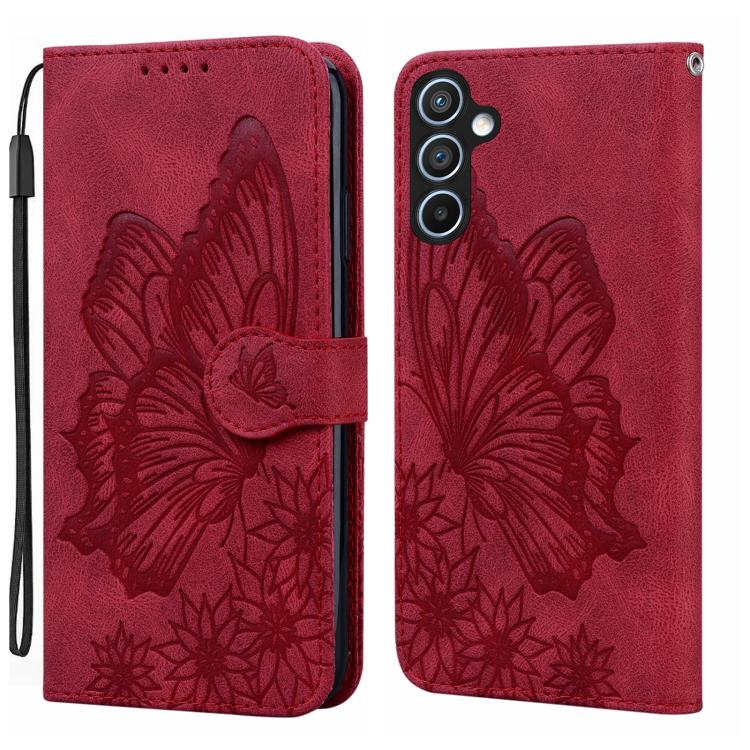 Funda de cuero con tapa horizontal y diseño de mariposas en relieve retro para Samsung Galaxy S25 FE 5G (roja)