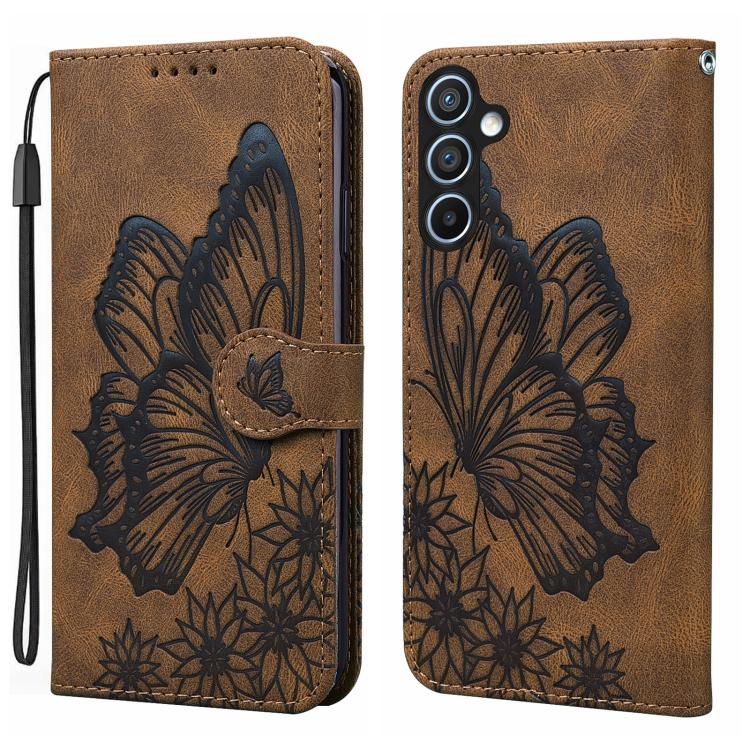 Funda de cuero con tapa horizontal y diseño retro de mariposas en relieve para Samsung Galaxy S25 FE 5G (marrón)
