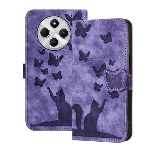 Funda de Cuero con Tapa y Diseño de Gato y Mariposa para Redmi A4 5G (Morado)