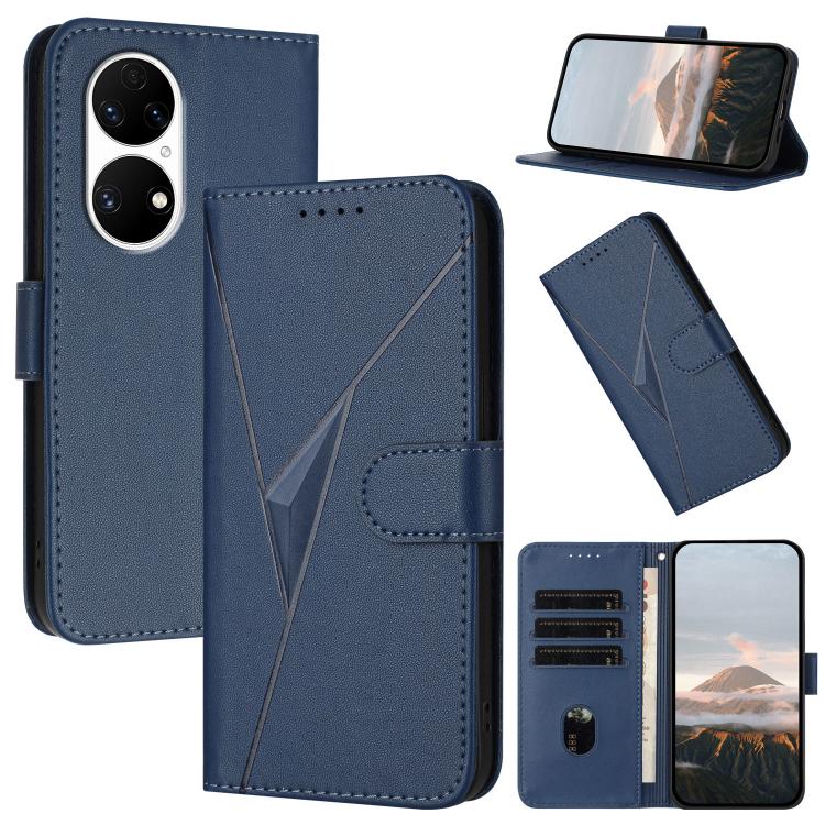 Funda de Cuero para Huawei P50 con Cierre de Hebilla y Diseño Triangular (Azul Real)