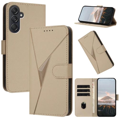 Funda de Cuero Samsung Galaxy M55 con Hebilla y Diseño de Triángulos (Dorada)