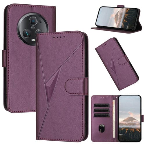 Funda de Cuero con Hebilla y Diseño de Triángulos para Honor Magic5 Pro (Morado Oscuro)