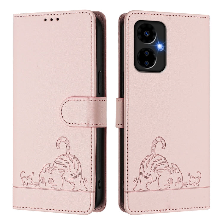Funda de Cuero RFID con Relieve de Rata de Gato para Boost Mobile Celero 5G (2024) con Cordón (Rosa)