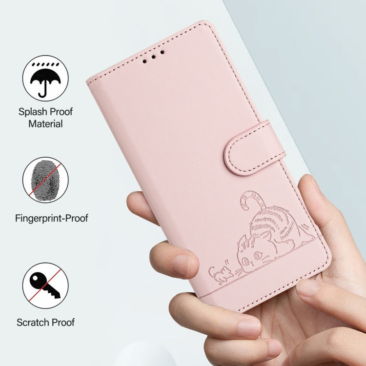Funda de Cuero con Relieve RFID para Teléfono Boost Mobile Celero 5G con Cordón (Rosa)