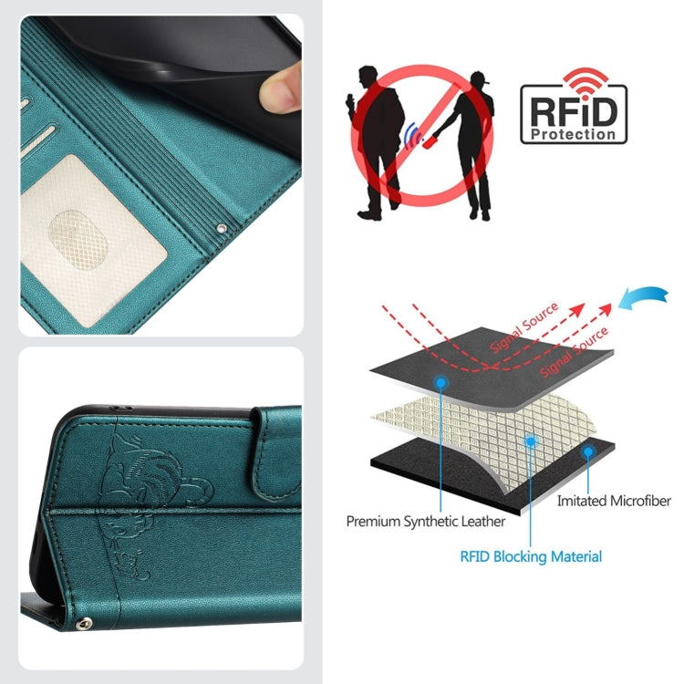 Funda de Cuero RFID con Relieve Gato y Rata para Boost Mobile Celero 5G SC con Cordón (Verde Pavo Real)
