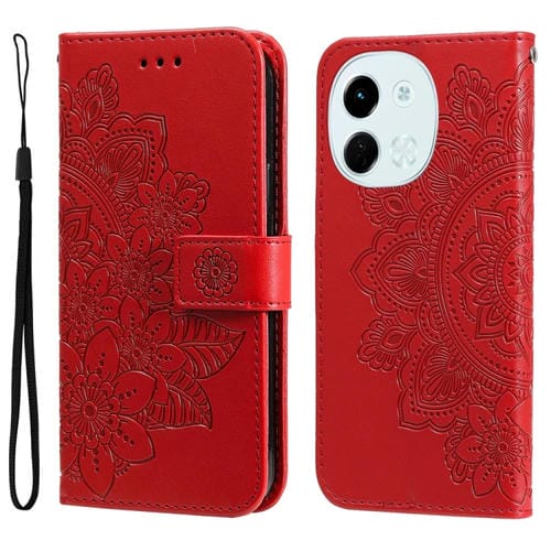 Funda de Cuero con Relieve Flores Siete Pétalos para Tecno Spark 30 5G y Pova 6 Neo 5G (Rojo)