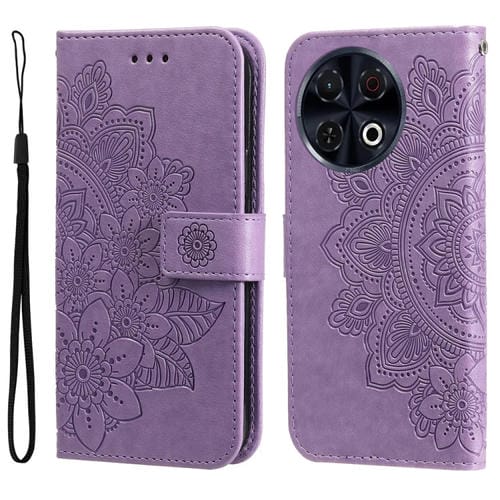 Funda de Cuero con Relieve de Flores de Siete Pétalos para Tecno Spark 30 Pro 4G (Morado Claro)