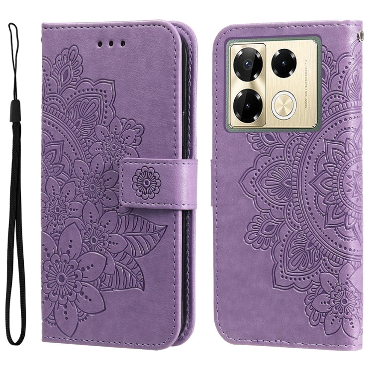Funda de Cuero con Relieve Flores 7 Pétalos para Infinix Note 40 Pro 4G/5G/Pro+ (Morado Claro)