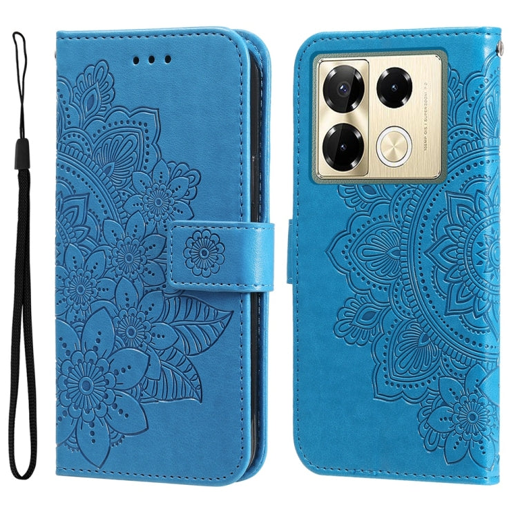 Funda de Cuero con Relieve Flores Siete Pétalos para Infinix Note 40 Pro 4G/5G y Pro+ (Azul)