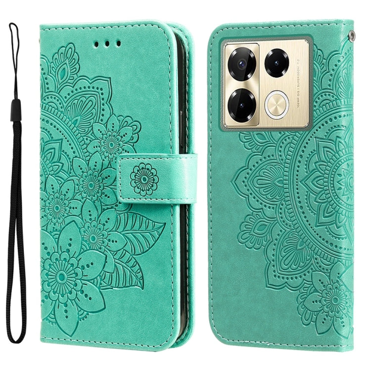 Funda de Cuero con Relieve de Flores de Siete Pétalos para Infinix Note 40 Pro 4G/5G/Pro+ (Verde)