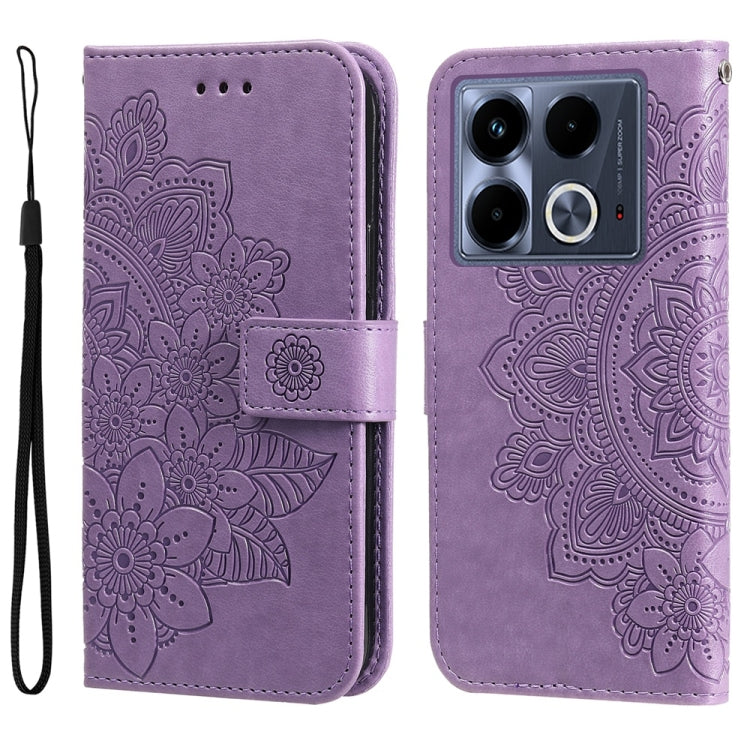 Funda de Cuero con Relieve Flores Siete Pétalos para Infinix Note 40 4G (Morado Claro)