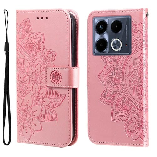 Funda de Cuero con Relieve de Flores Siete Pétalos para Infinix Note 40 4G (Oro Rosa)