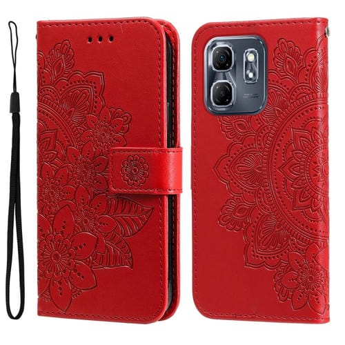 Funda de Cuero con Relieve de Flores Siete Pétalos para Infinix Hot 50I Smart 9 (Rojo)