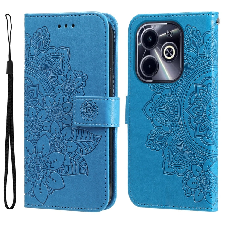 Funda de Cuero con Relieve Flores Siete Pétalos para Infinix Hot 40I (Azul)