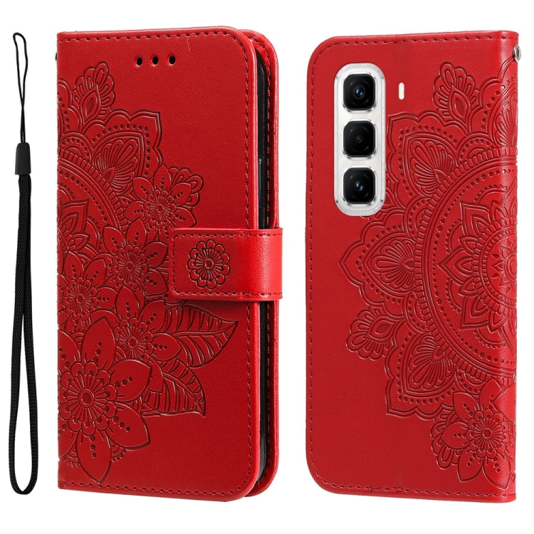 Funda de Cuero con Relieve Flores Siete Pétalos para Infinix Hot 50 Pro+ 4G (Rojo)