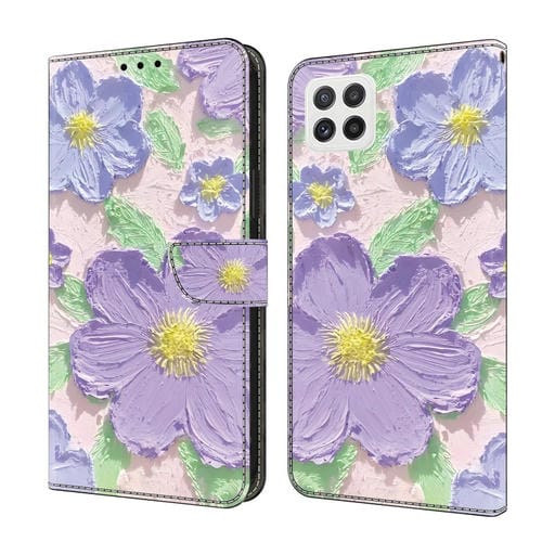 Funda de Cuero Samsung Galaxy A22 5G Pintada al Óleo Protección (Flores Moradas)