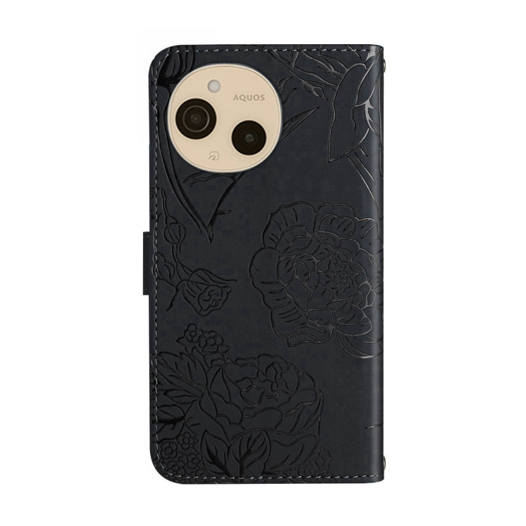 Funda de Cuero con Tapa para Sharp Aquos Sense9 con Diseño de Mariposas en Relieve (Negro)