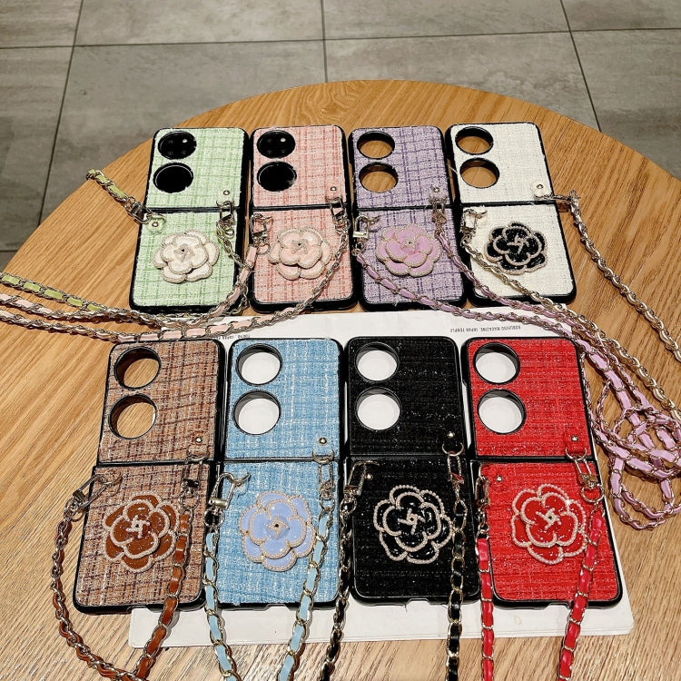 Funda para Teléfono Huawei P50 Pocket Camellia Plaid Fabric PC con Cordón Largo (Rosa)