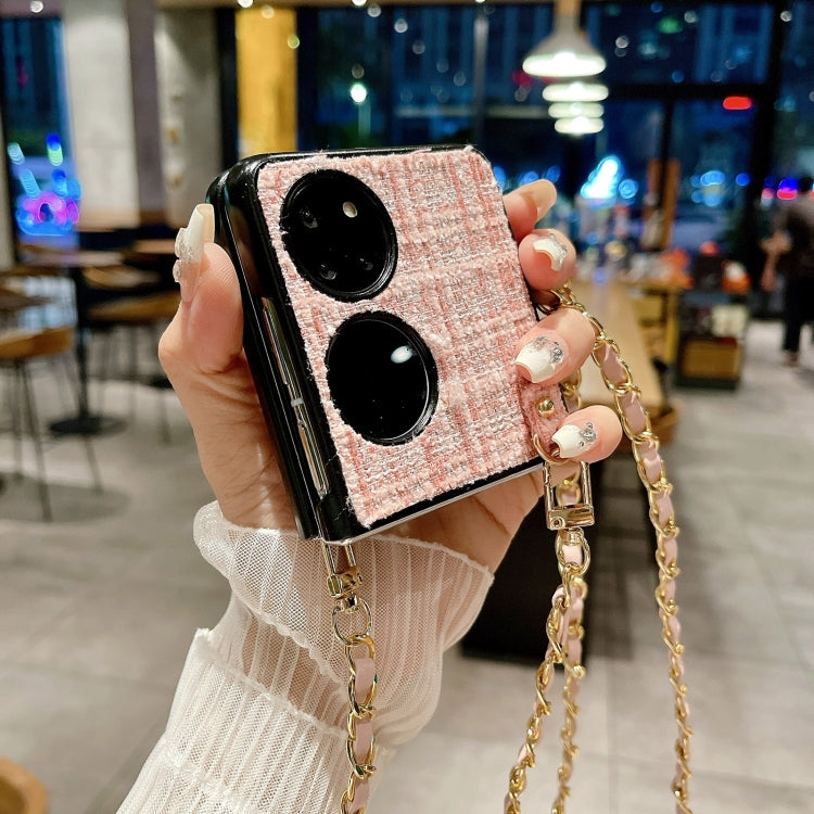 Funda para Teléfono Huawei P50 Pocket Camellia Plaid Fabric PC con Cordón Largo (Marrón)